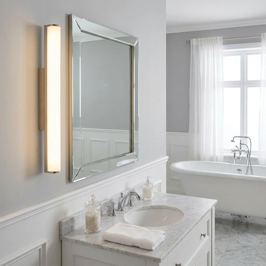 Illuminated satin nickel tube wall light mounted beside a mirrored vanity in a classic white bathroom.