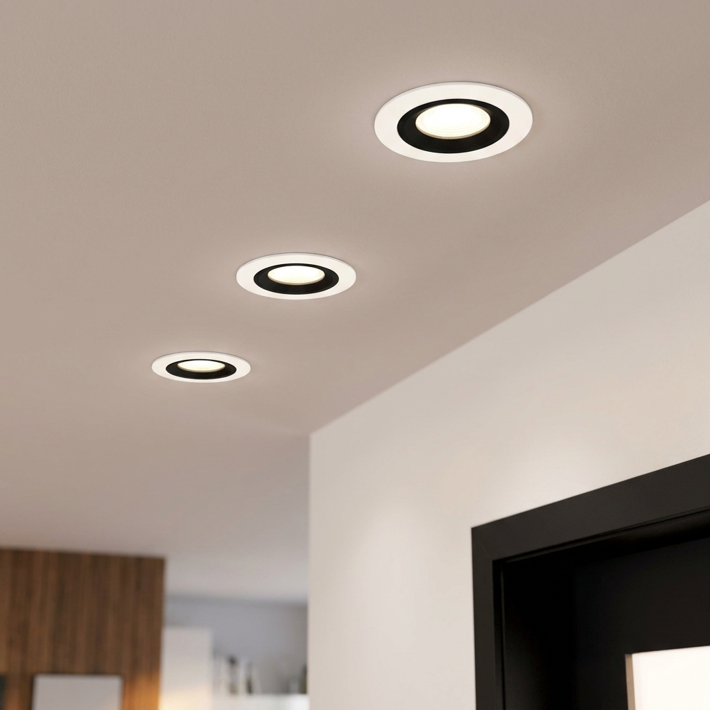 Three black and white recessed LED spotlights providing warm illumination on a modern white ceiling.
