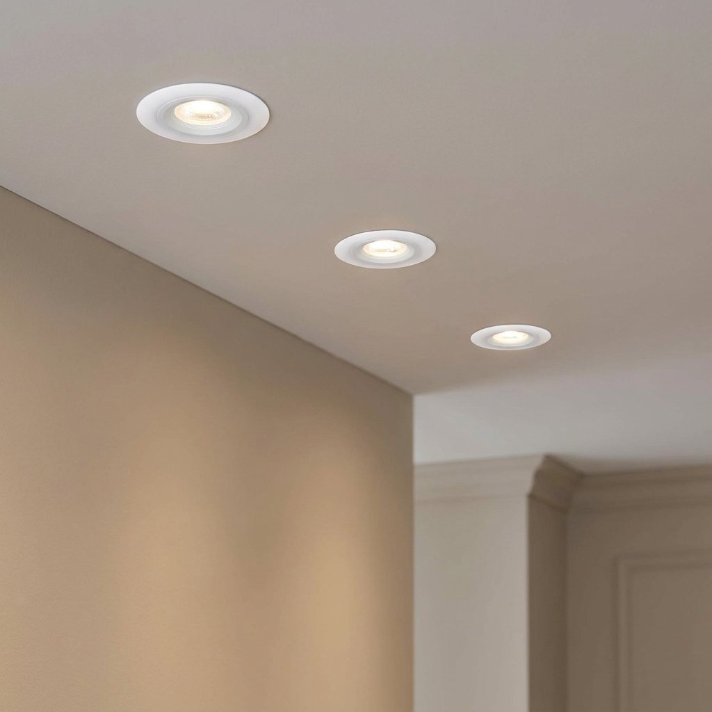 Three white LED recessed spot lights installed in a beige ceiling, glowing with a warm light.