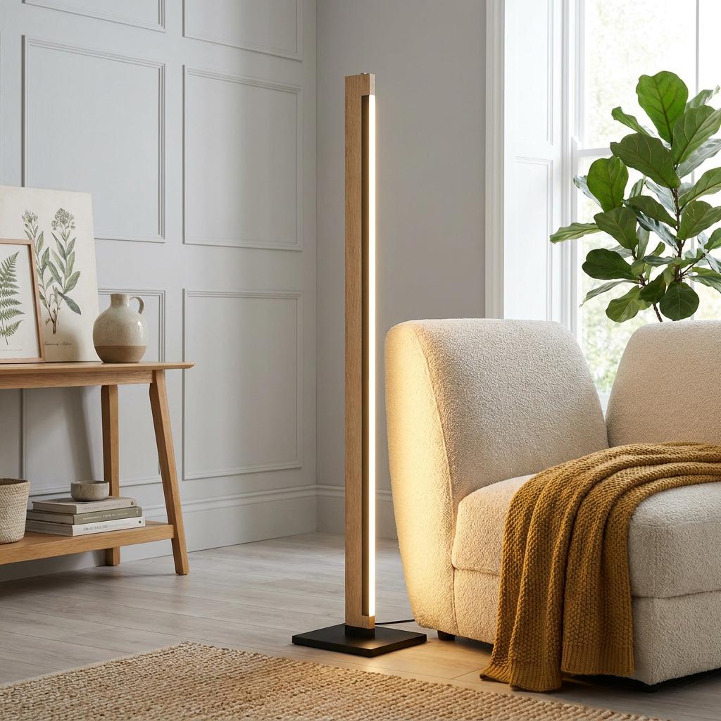 Minimalist wooden LED floor lamp illuminating a cozy living room with a white boucle chair and mustard throw.