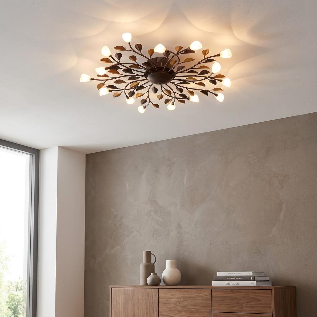 Eglo Campania floral flush ceiling light with brown branches and 15 white glass bud shades in a contemporary room.