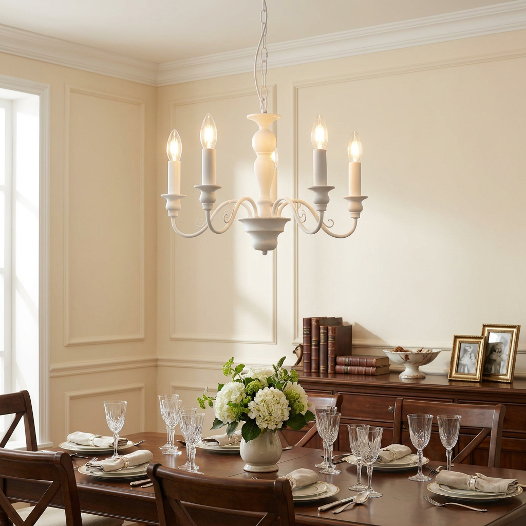White five-light chandelier with curved arms hanging over a set dining table in an elegant room.