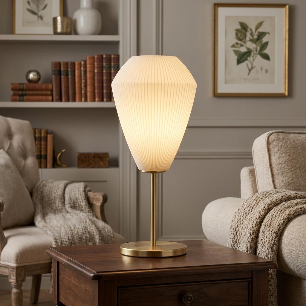 Eglo Caprarola brass table lamp with a glowing ribbed conical glass shade on a wooden side table in a cozy living room.
