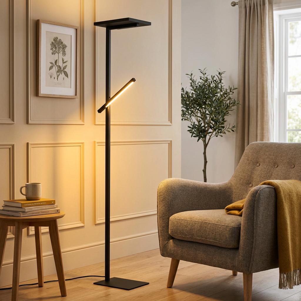 Modern black LED floor lamp with dual lights illuminating a warm living room with an armchair and side table.
