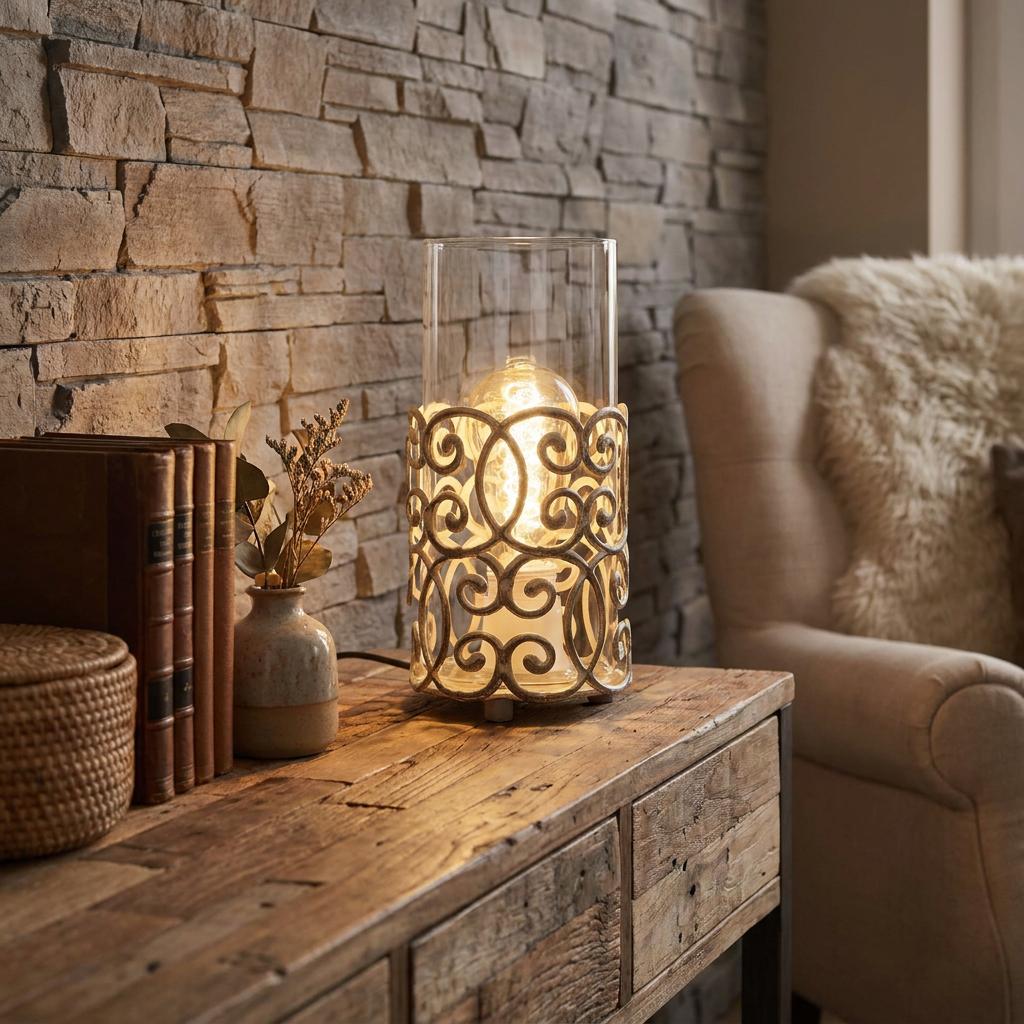 A table lamp with a decorative brown metal scroll base and clear glass cylinder on a rustic wooden table.