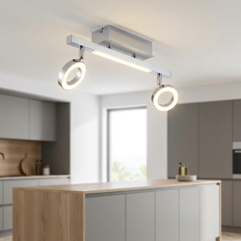 Eglo Cardillio 1 integrated LED chrome 2 light bar spotlight mounted on a kitchen ceiling.