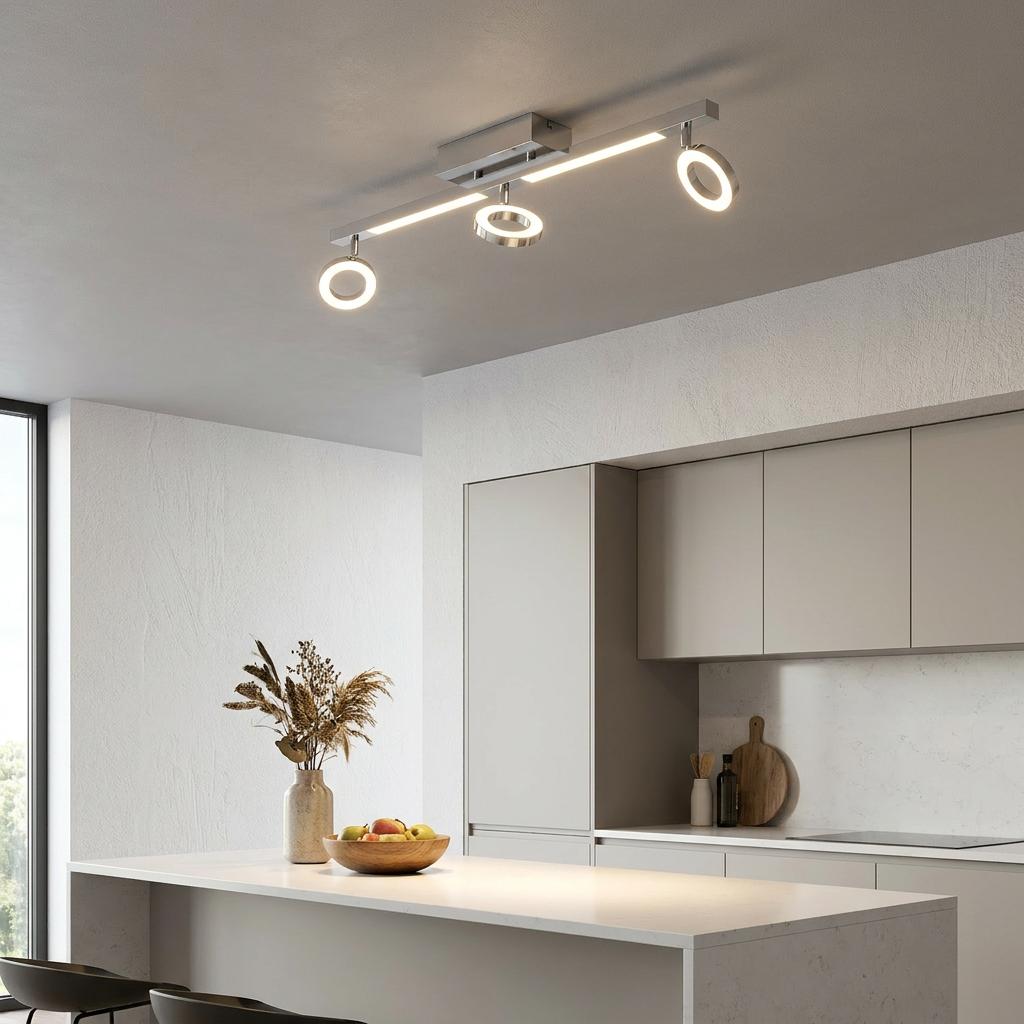 Eglo Cardillio 1 chrome LED spotlight with halo heads and a linear bar mounted in a modern minimalist kitchen.