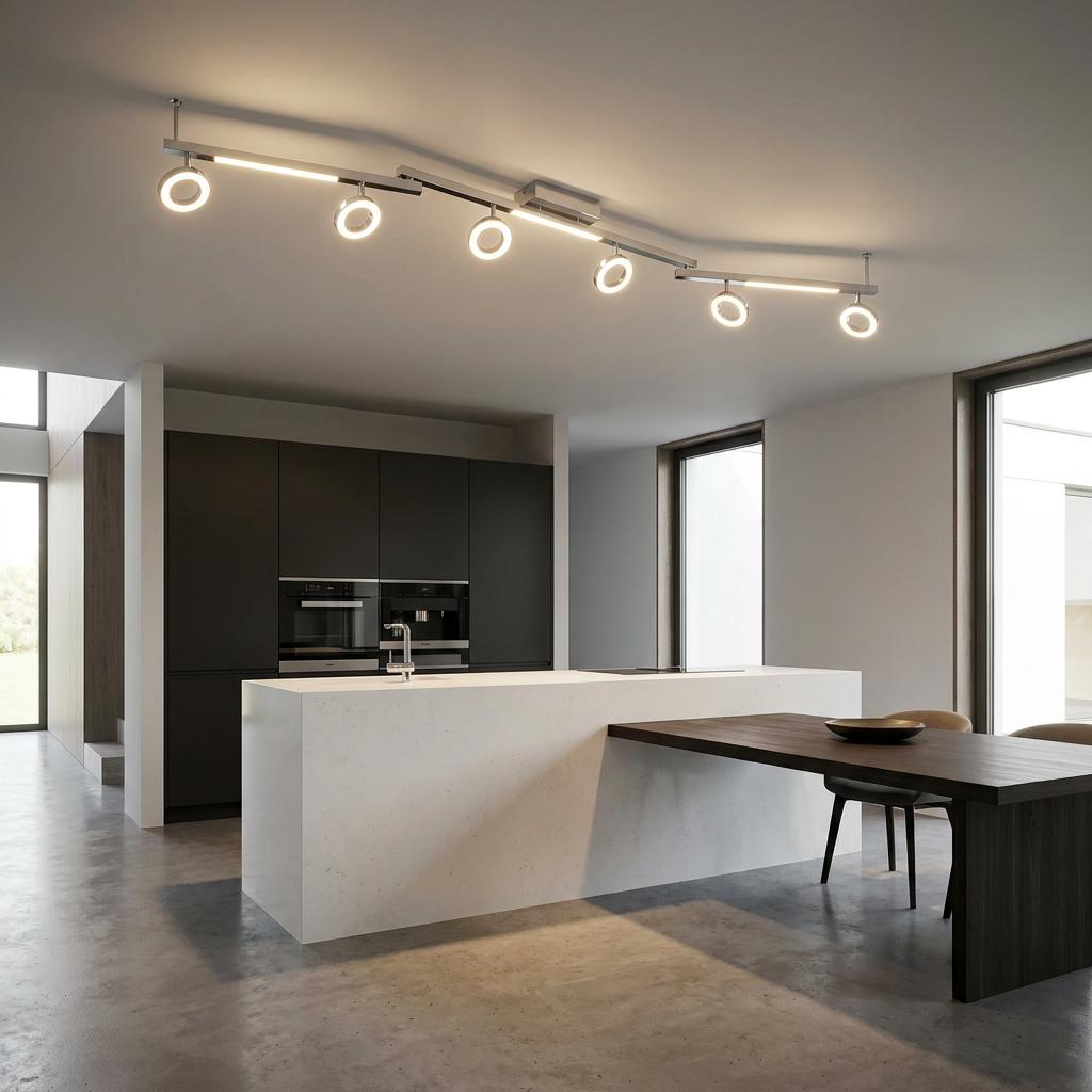 Modern 6-light chrome LED ceiling bar with ring spotlights illuminates a minimalist kitchen and dining area.