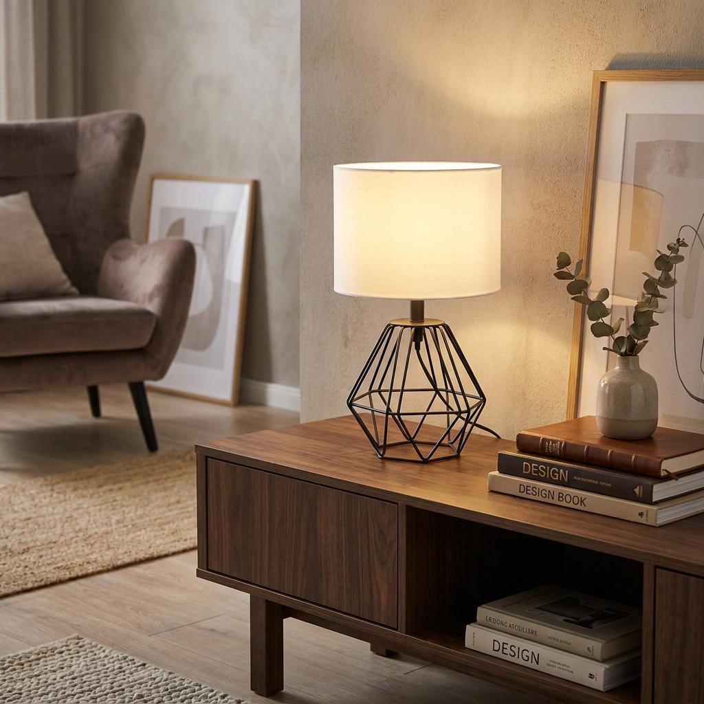 A lit black geometric cage table lamp with a white shade on a wooden console in a modern living room.