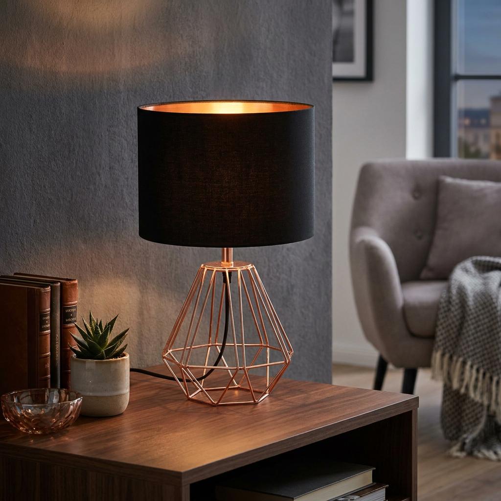 Modern table lamp with copper geometric base and black shade on a wooden table in a living room.