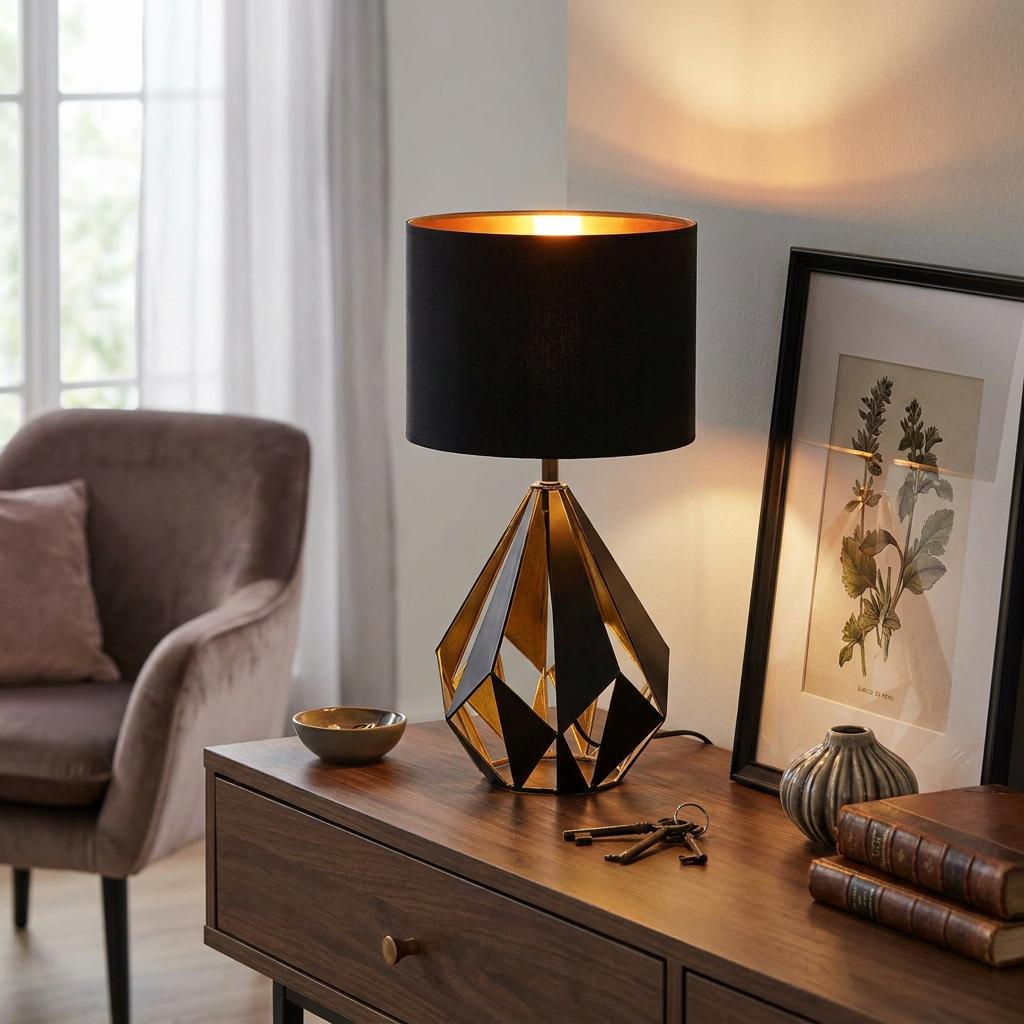 Eglo Carlton 5 table lamp with a black drum shade and geometric gold base glowing on a wooden sideboard.