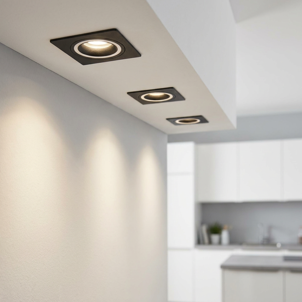 Three black square recessed spotlights mounted on a white ceiling bulkhead casting light on a wall.