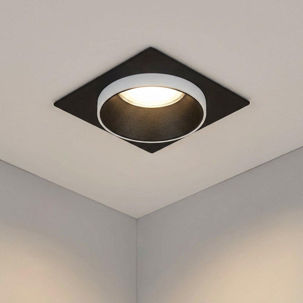 Modern square recessed spotlight with black base and white ring, illuminated on a plain white ceiling.