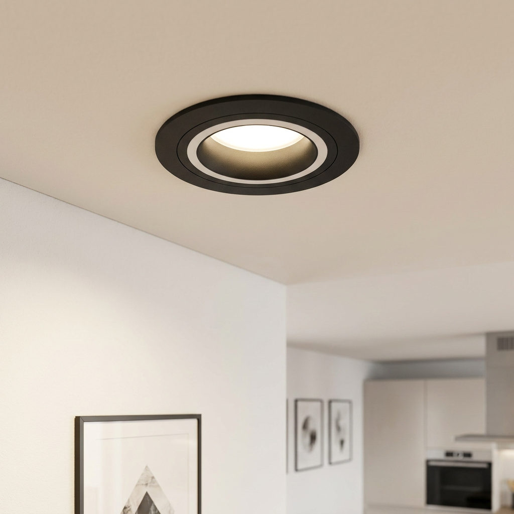 Round black and white recessed spotlight glowing on a white ceiling in a modern home interior.