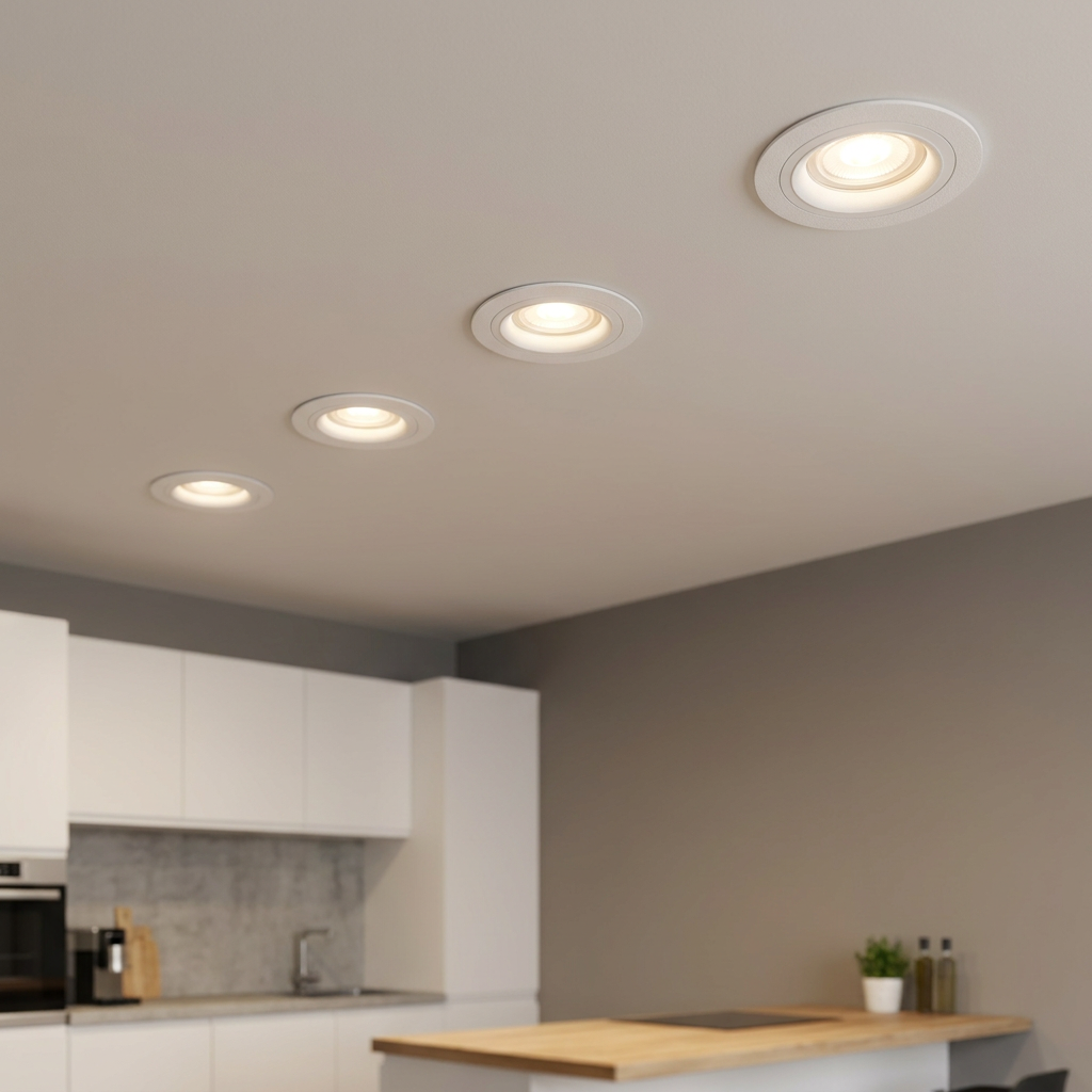 Four round white recessed spot lights casting a warm glow from a modern kitchen ceiling.