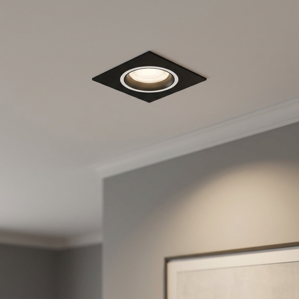 Square black recessed LED spotlight on a white ceiling casting warm light onto a wall.