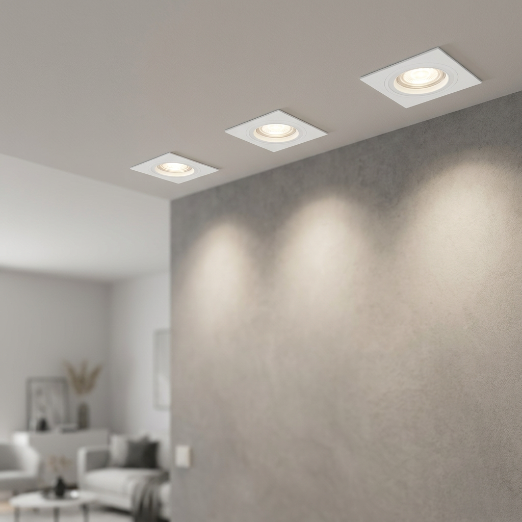 Three Eglo Carosso-Z white square recessed LED spot lights casting warm pools of light onto a grey textured wall.