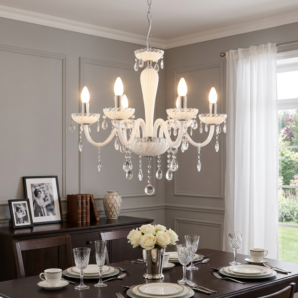 Eglo Carpento 5-light chrome and white glass chandelier with crystal droplets above a formal dining table.