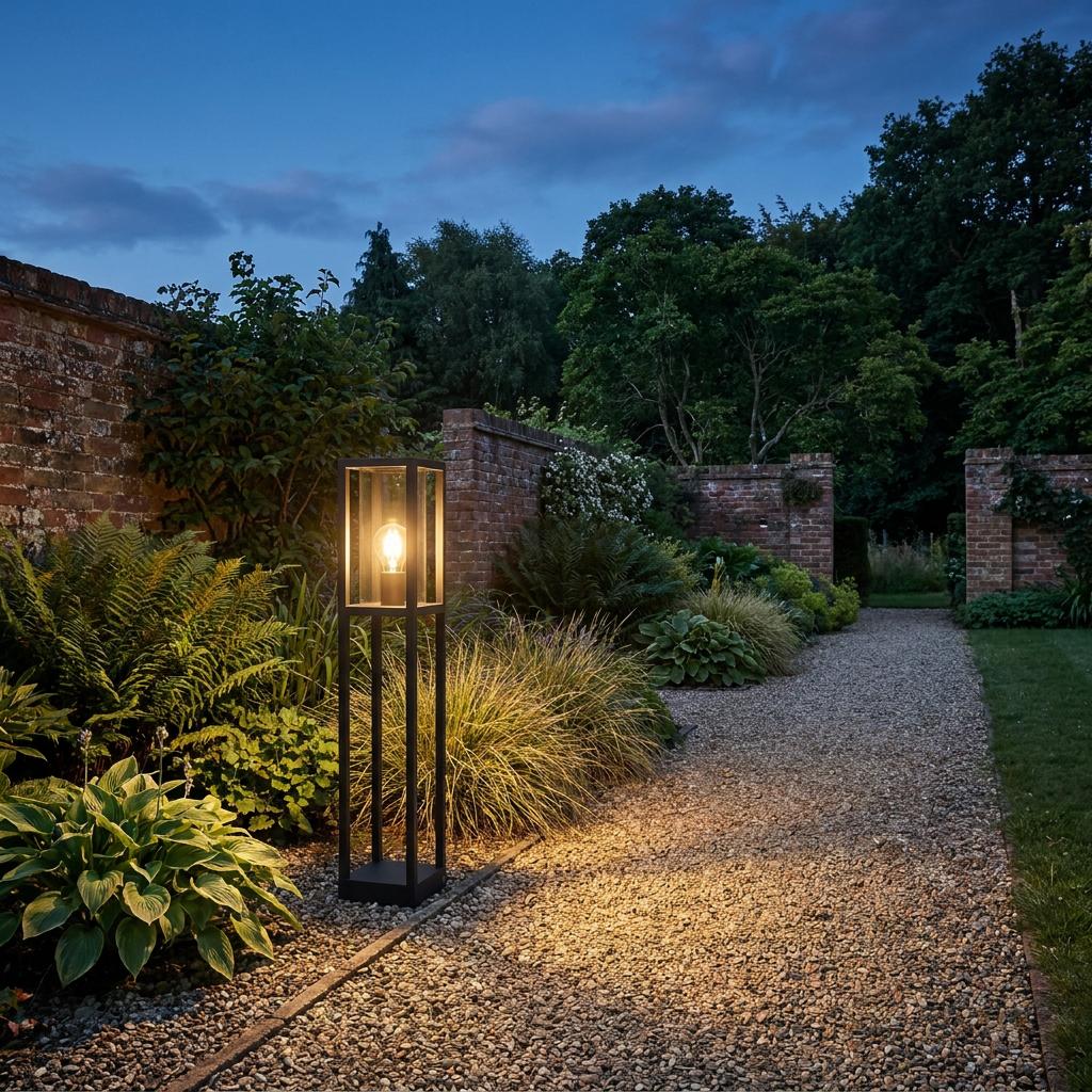 Black rectangular bollard light illuminating a gravel garden pathway with a warm glow at twilight.