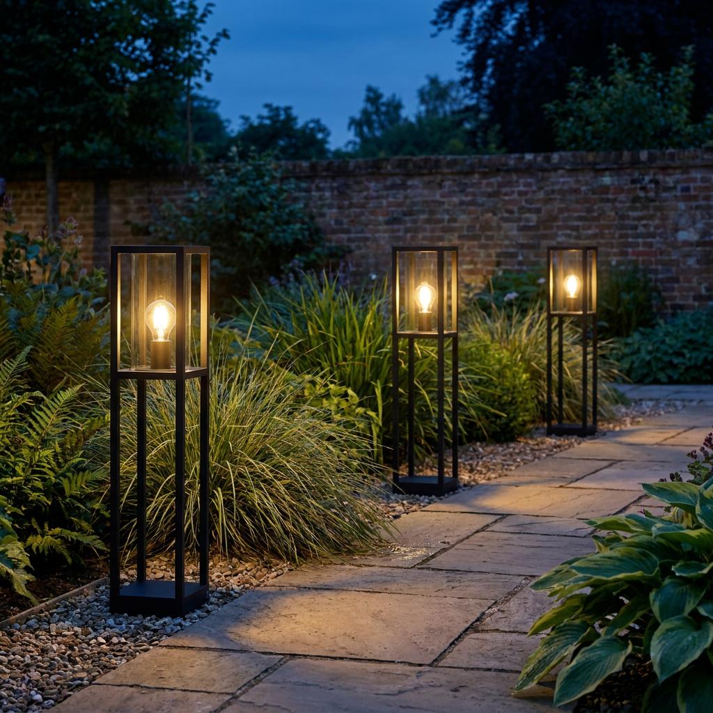 Three black rectangular bollard lanterns with warm bulbs lining a stone garden pathway at dusk.