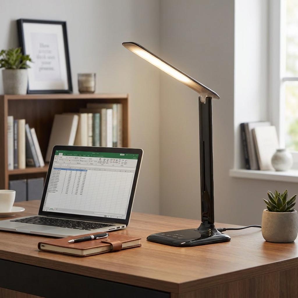 Sleek black LED desk lamp illuminating a wooden office desk beside a laptop and notebook.