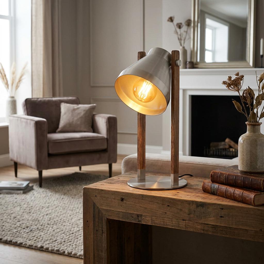 Eglo Cawton rustic wood and steel table lamp with a glowing bulb on a timber side table in a cozy living room.