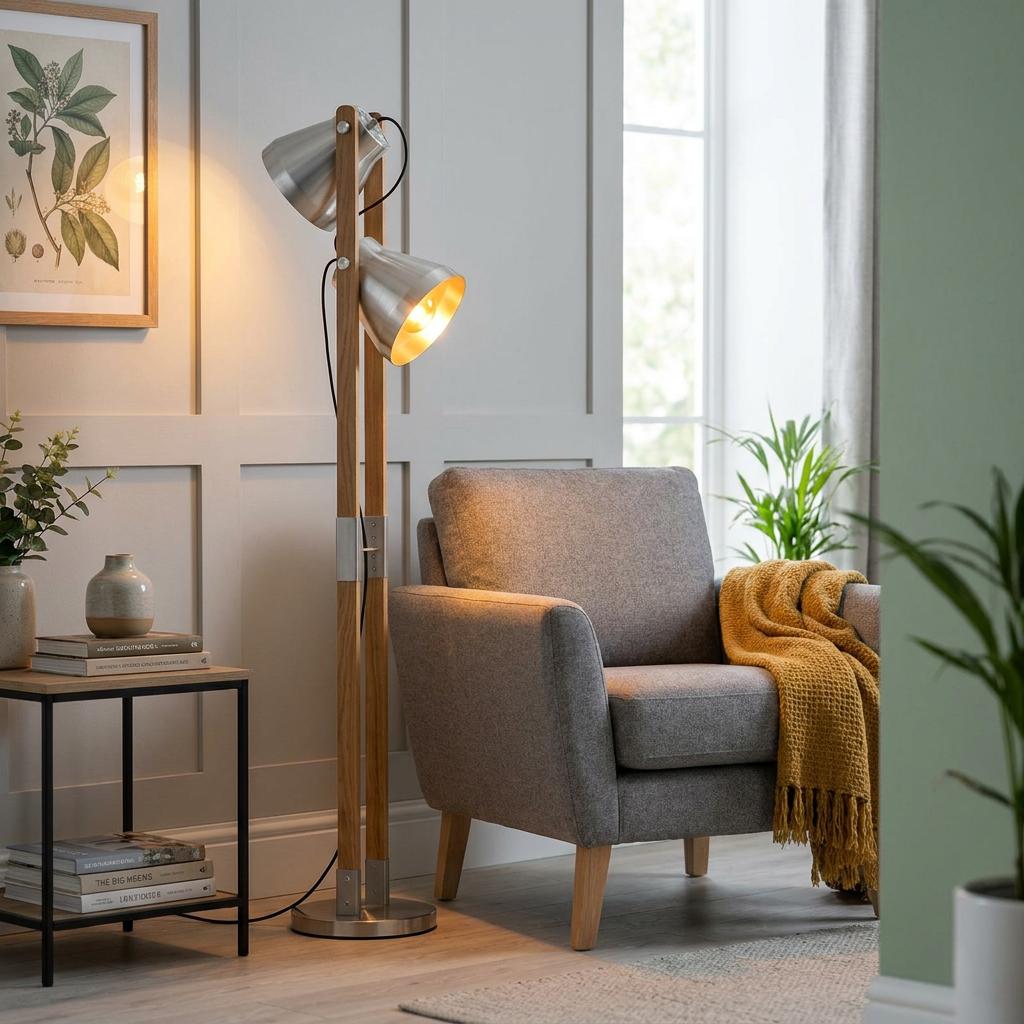 Eglo Cawton 2-light floor lamp with wood frame and steel shades next to a grey armchair in a cozy living room.