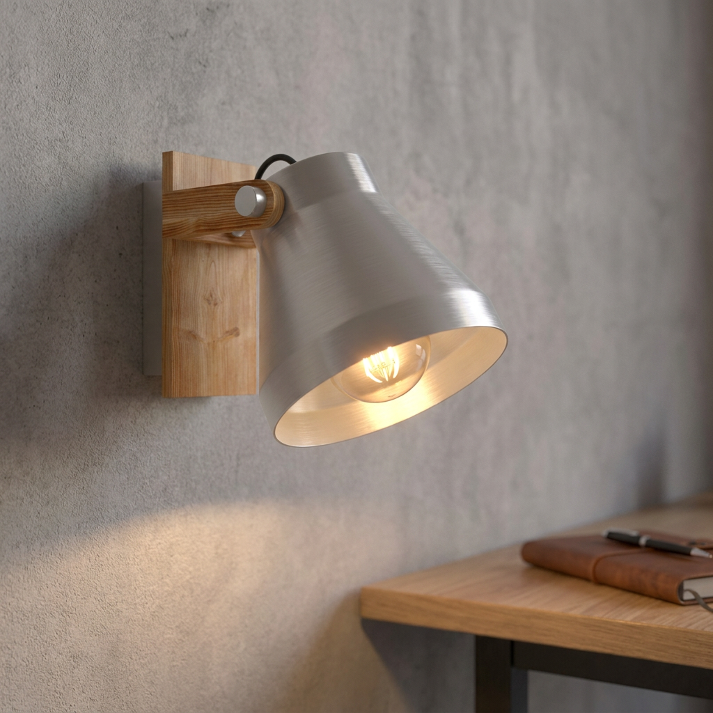 Eglo Cawton wall spotlight with a silver metal shade and wooden mount, illuminating a gray wall and desk.