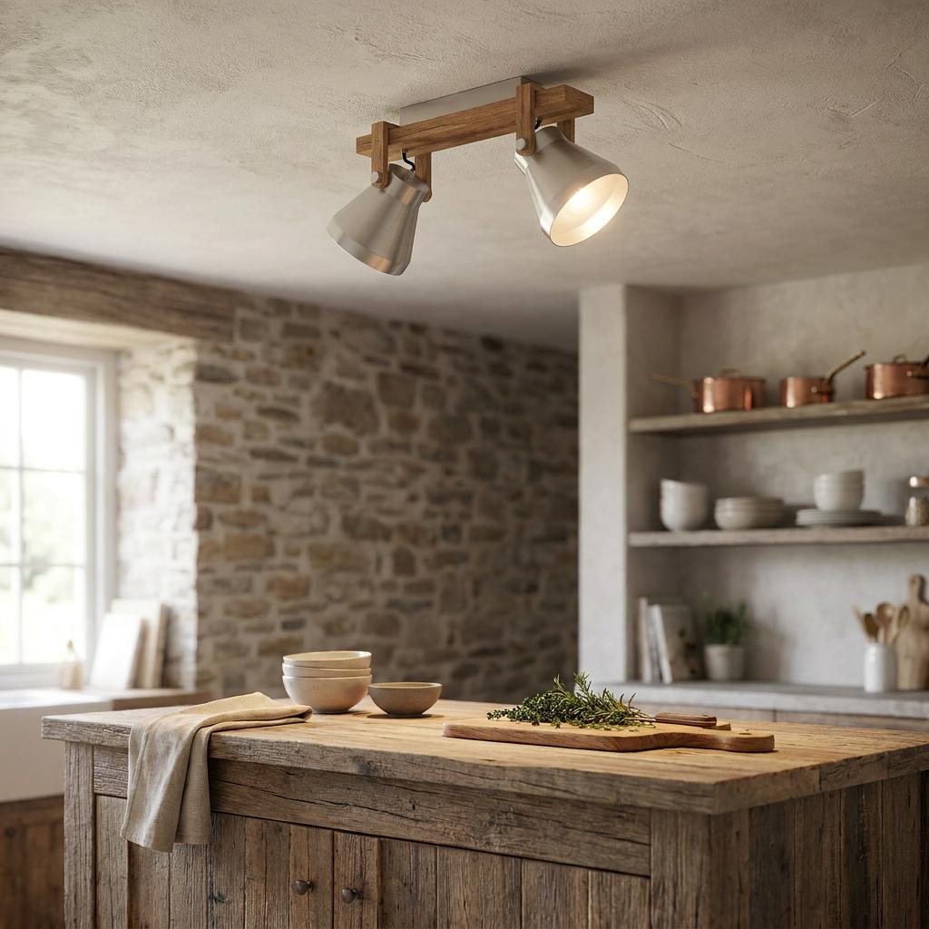 Eglo Cawton wood and silver 2-light bar spotlight illuminating a rustic kitchen with a stone wall.
