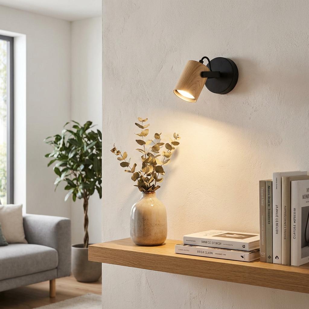 Eglo Cayuca wall spotlight with wood shade and black base illuminating a wooden shelf in a modern living room.