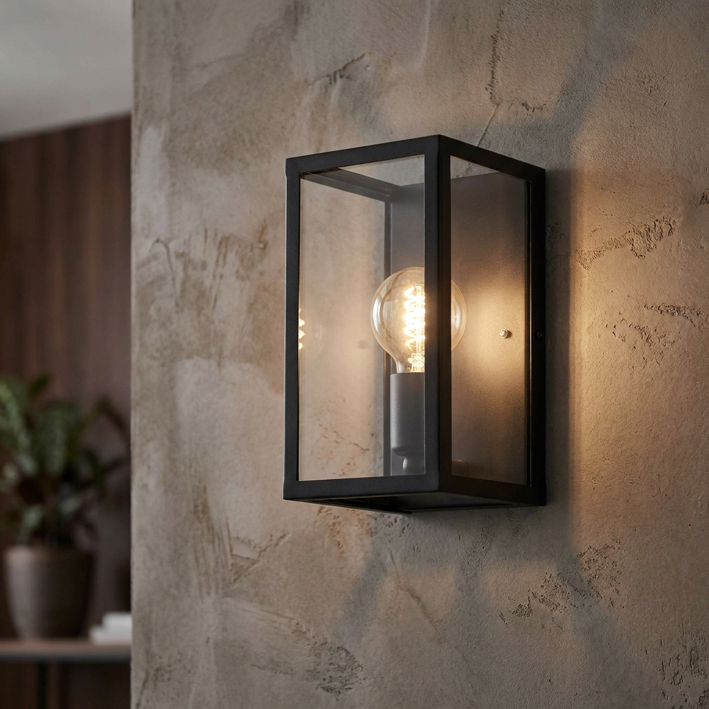 Eglo Charterhouse black metal framed wall light with a glowing filament bulb on a textured wall.