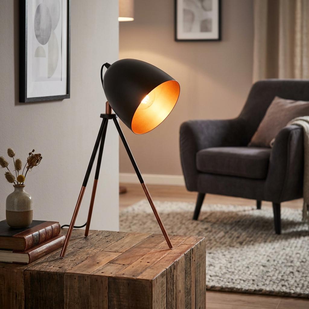 Eglo Chester black tripod table lamp with a copper interior on a wooden side table in a modern living room.
