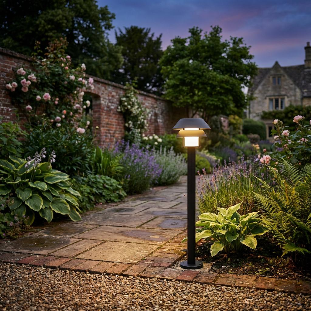 Black tiered bollard light illuminating a stone garden path with flowers and a brick wall at dusk.