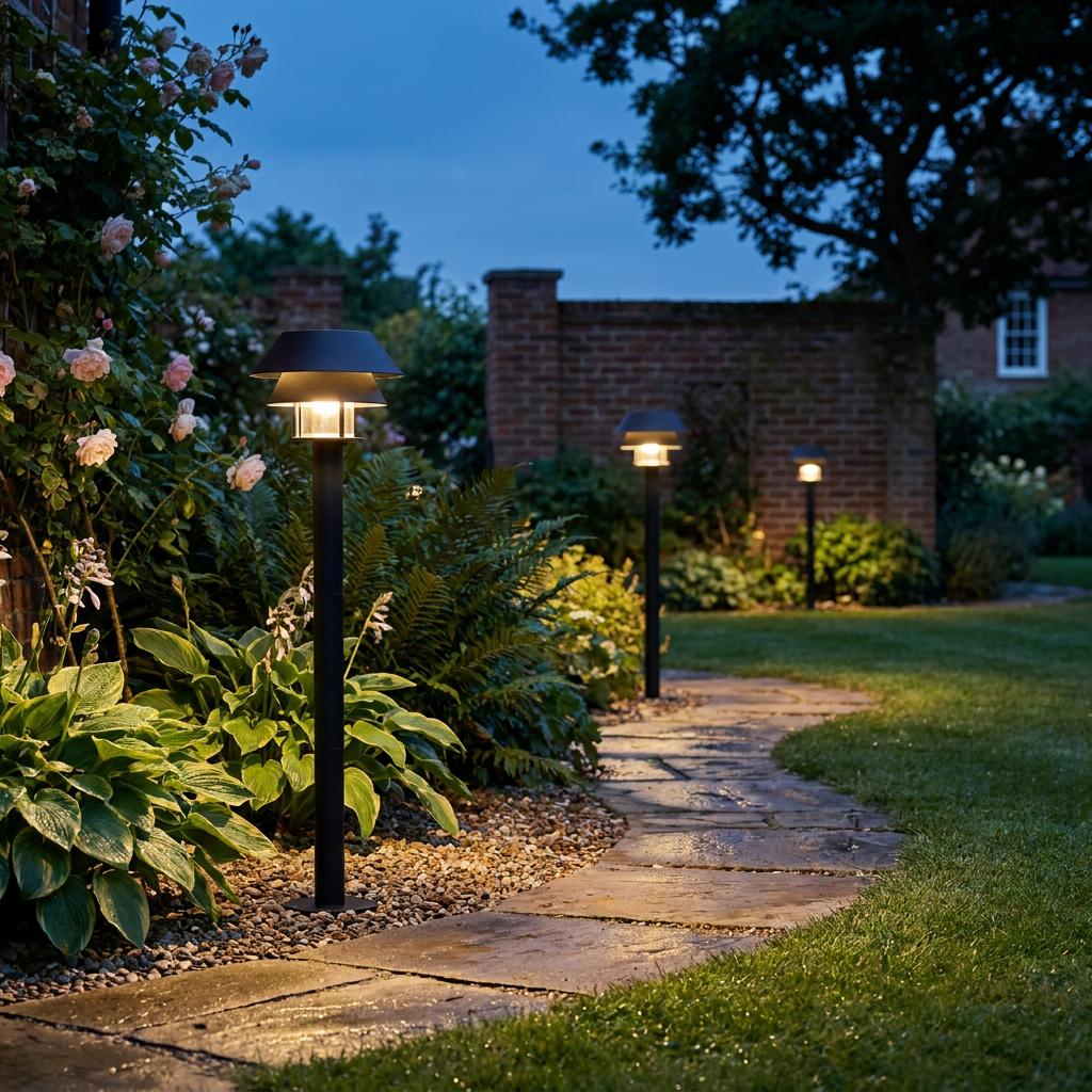 Three black bollard lights with tiered shades illuminating a stone garden path at twilight among lush green plants.