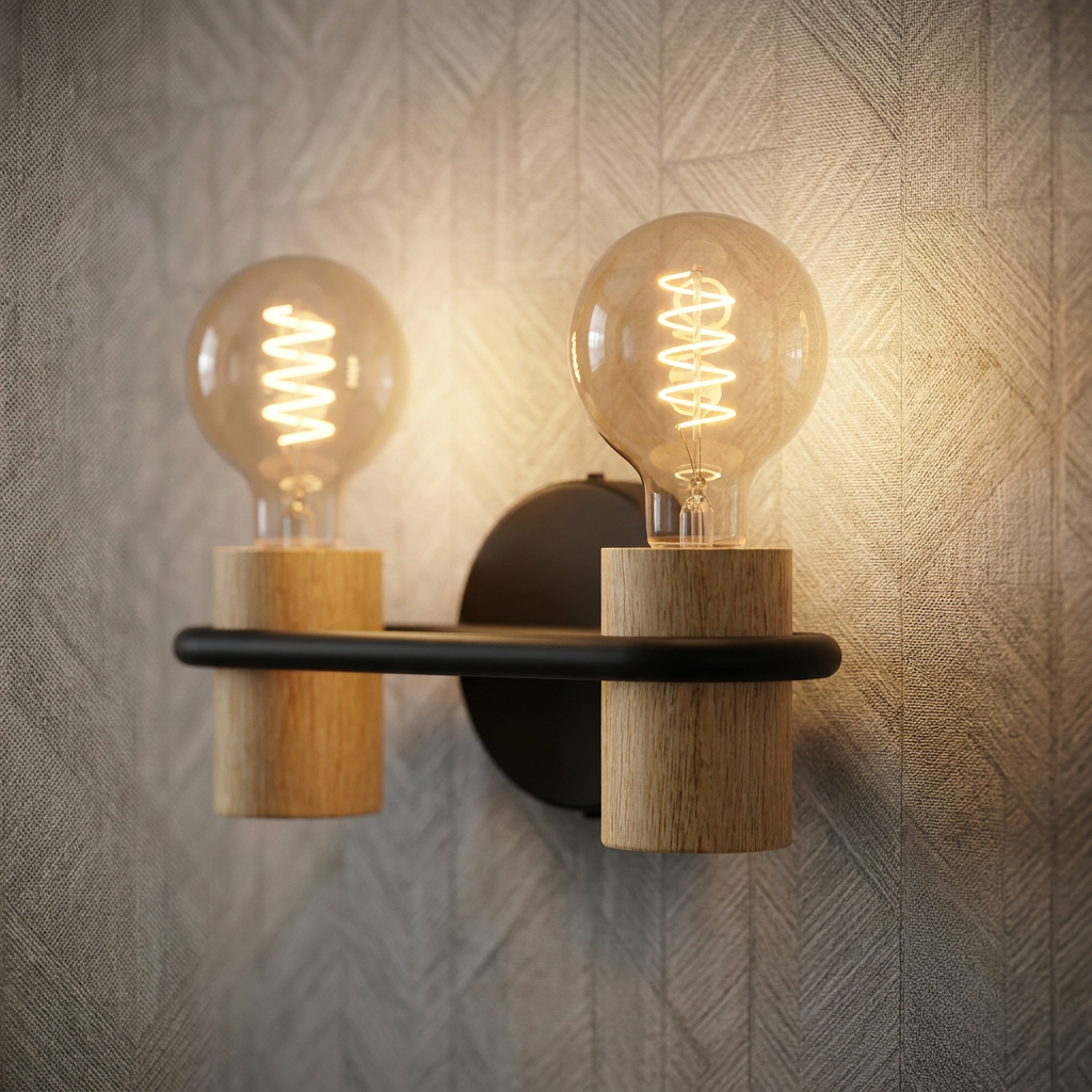 Modern wall light with light wood cylindrical bases, a black metal frame, and two glowing filament bulbs.