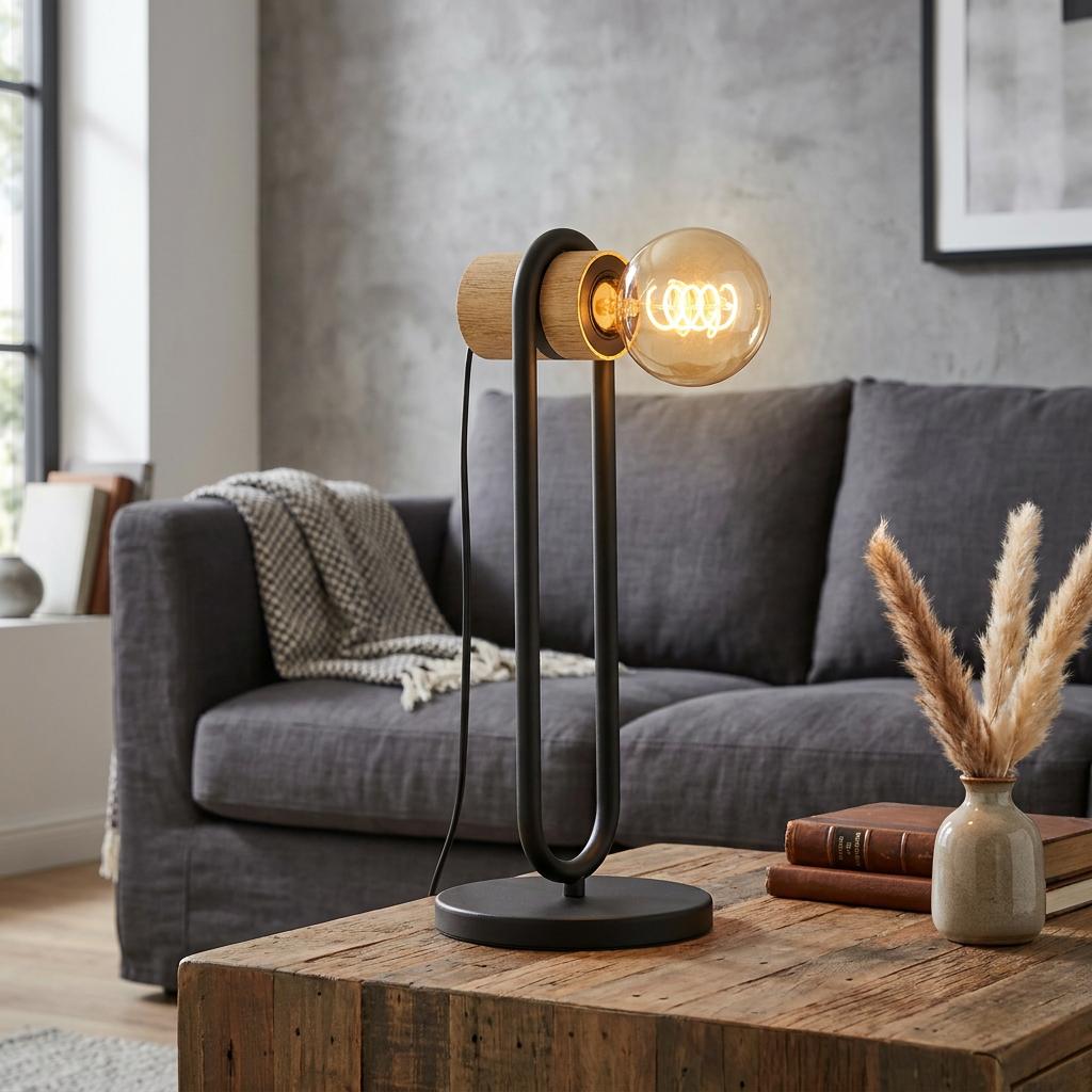 Eglo Chieveley black metal and wood table lamp with an exposed filament bulb on a wooden coffee table.