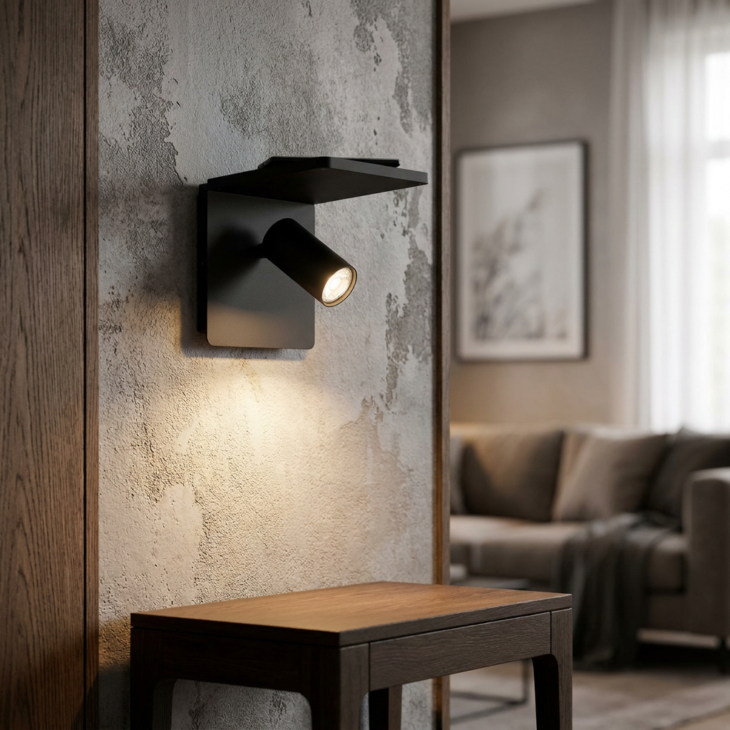 Modern black wall light with an adjustable spotlight and shelf, mounted on a textured wall in a contemporary living room.