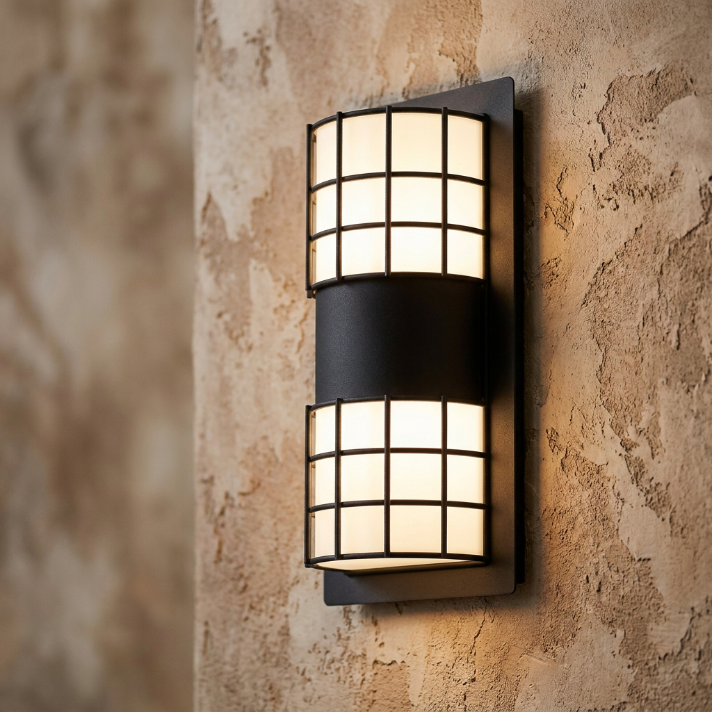 Black Eglo Cistierna 2 outdoor wall light with a grid design and warm glow, mounted on a textured stone wall.