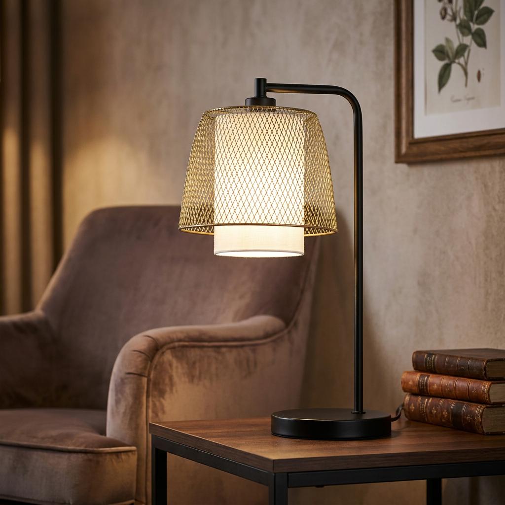 Illuminated black and brass wire shade table lamp on a wooden table beside a brown velvet armchair.