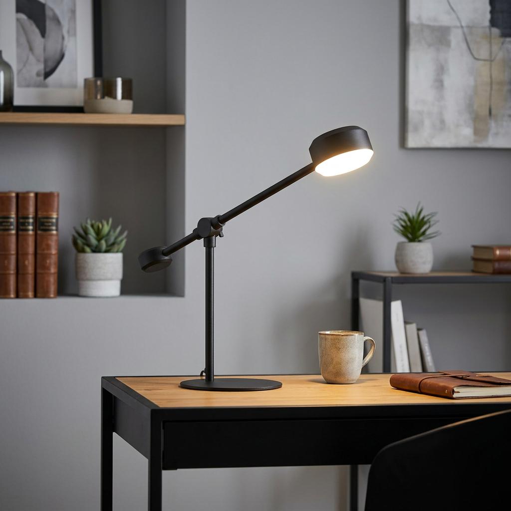 A black metal hinged LED table lamp illuminates a wooden desk in a modern home office setting.