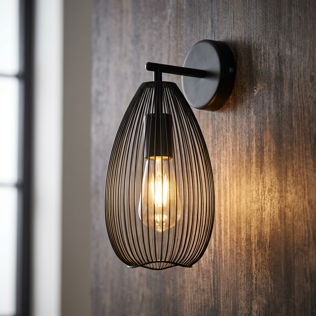 Black teardrop wire cage wall light with a warm glowing bulb, mounted on a dark wood textured wall.