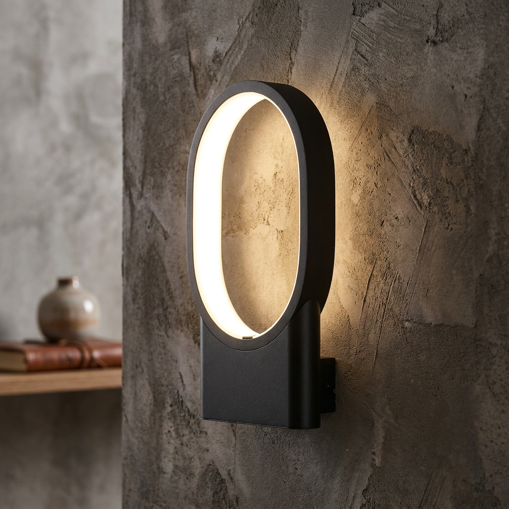 Eglo Codriales black LED wall light with an illuminated oval frame mounted on a textured concrete wall.