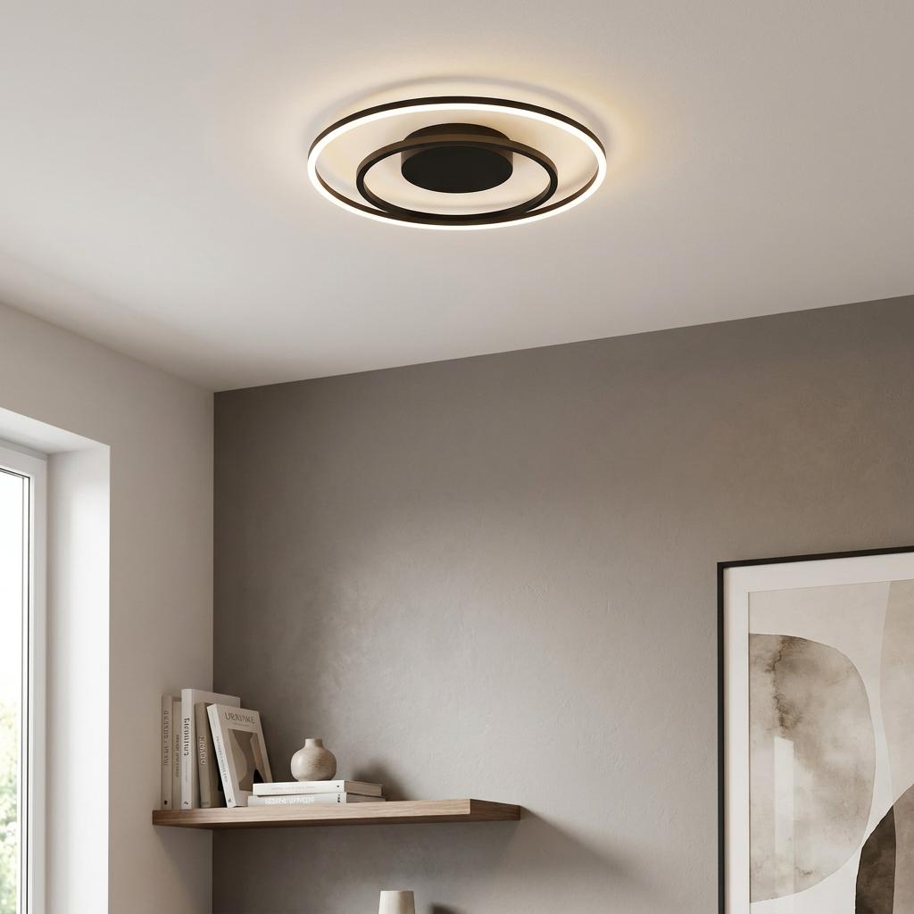 Eglo Connect Calagrano-Z smart black LED flush ceiling light with illuminated rings in a modern living room.