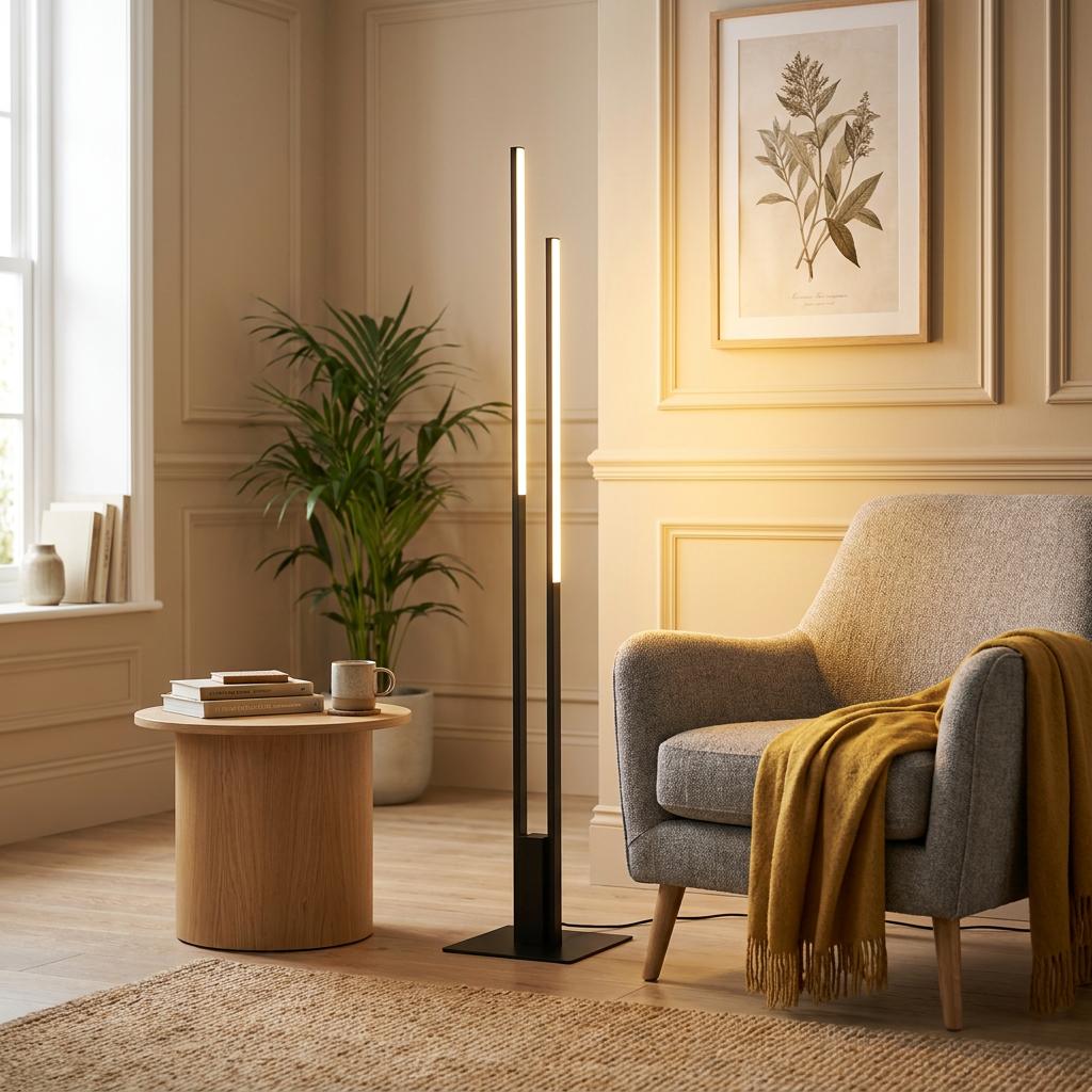 Modern black floor lamp with dual vertical light bars standing in a cozy living room with a grey armchair and wooden table.