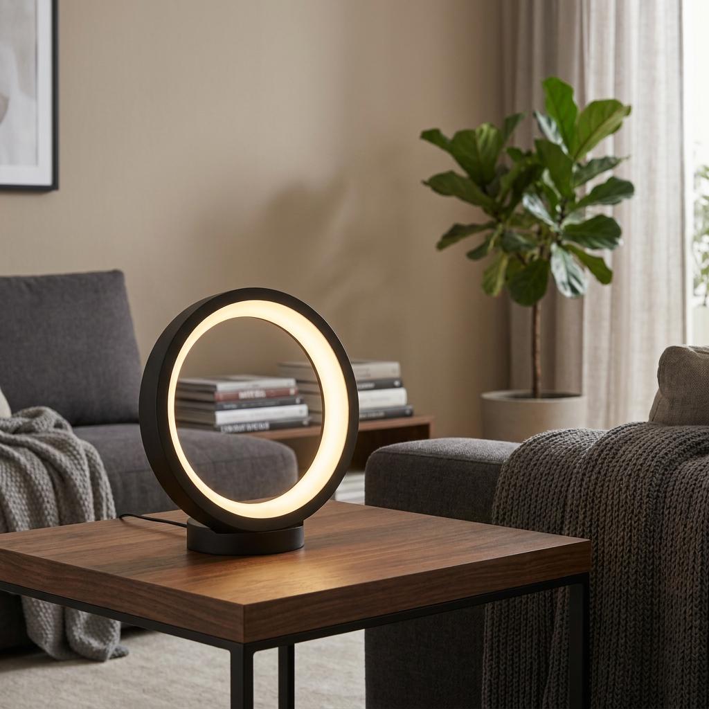 Modern black ring-shaped LED table lamp emitting a warm glow on a wooden side table in a contemporary living room.