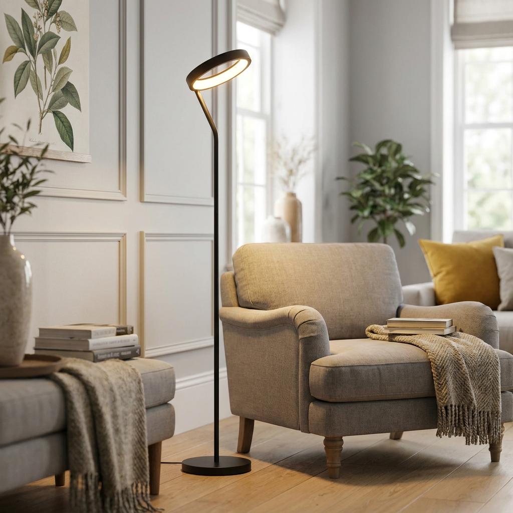 Minimalist black ring LED floor lamp illuminating a cozy armchair in a neutral-toned modern living room.
