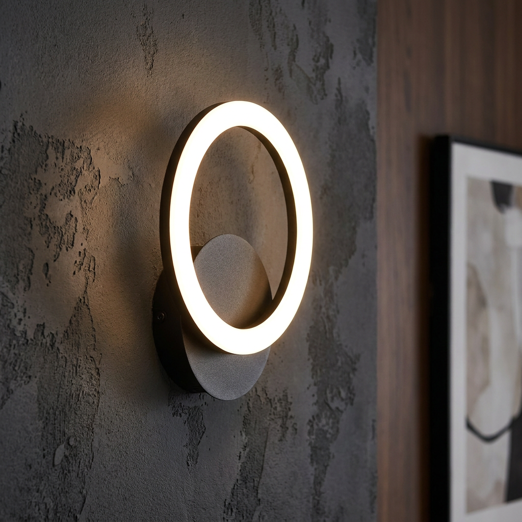 Circular black LED wall light with a glowing white ring mounted on a textured dark wall.