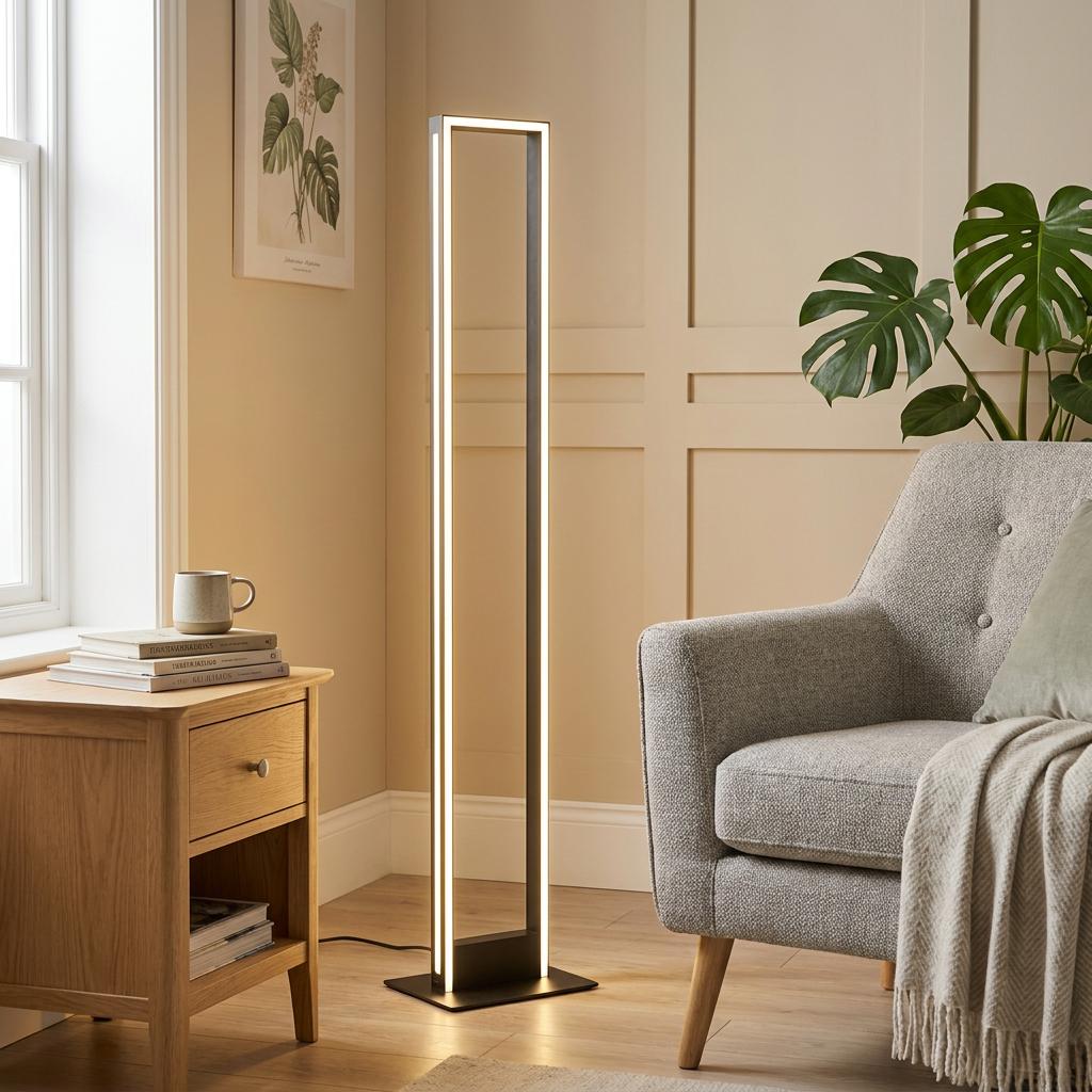 Modern black rectangular LED floor lamp illuminating a cozy living room with a grey armchair and wooden side table.