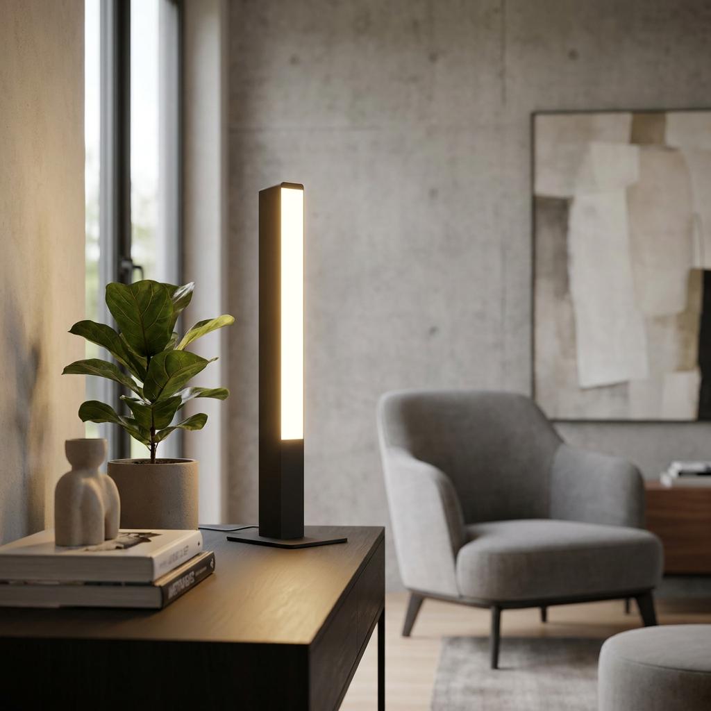 A modern black LED table lamp glows on a wooden desk in a minimalist living room with a grey armchair.
