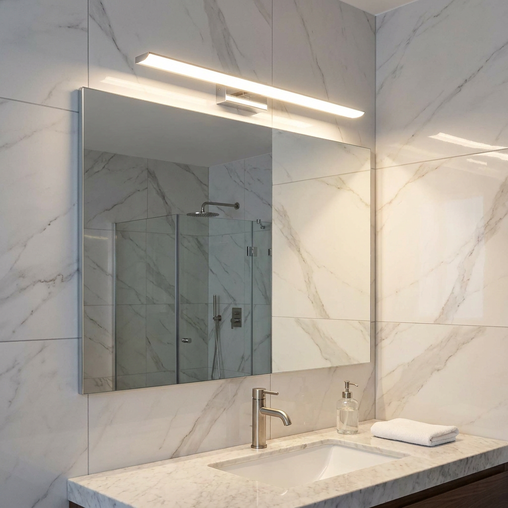Modern chrome linear LED wall light mounted above a large bathroom mirror in a white marble-tiled setting.